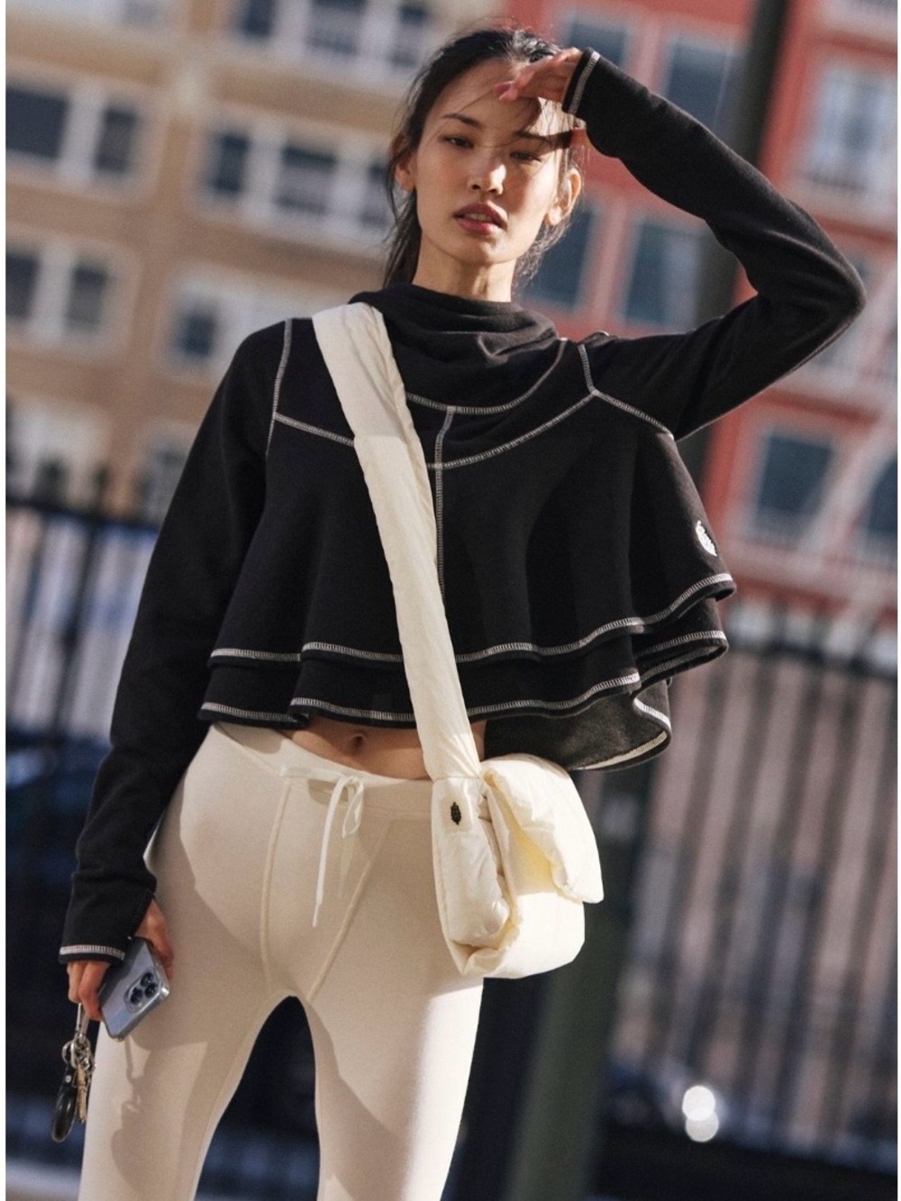 FP Movement Black Layered Crop Hoodie with Contrast Stitching
